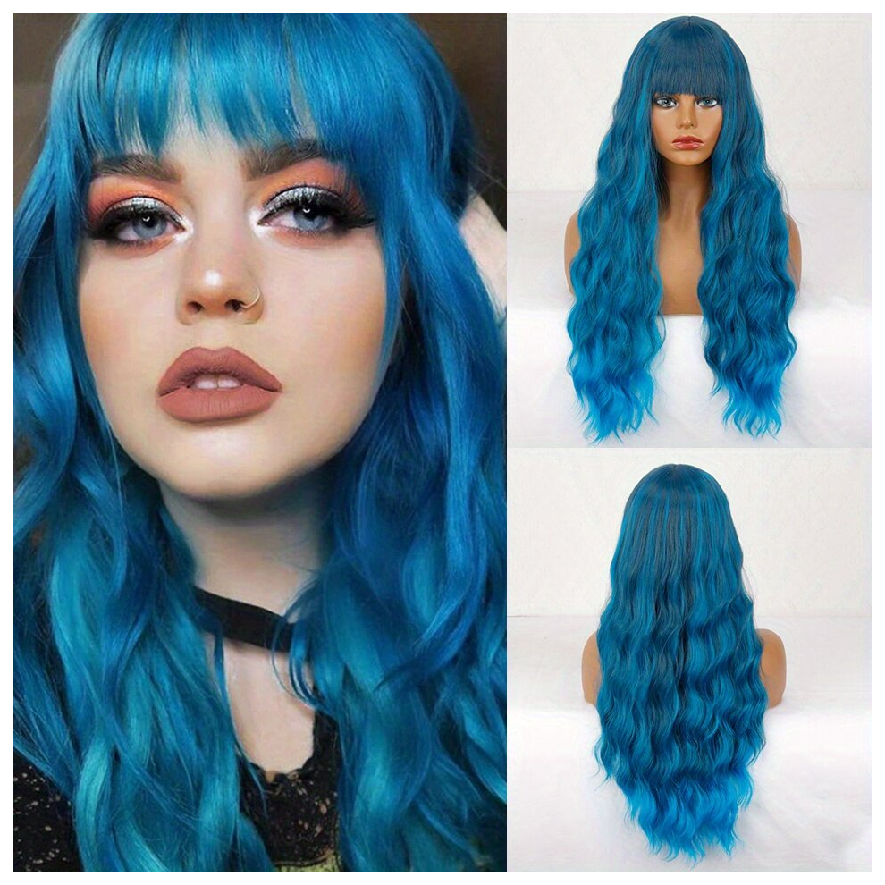 Ombre 66 04 Cm Long Curly Wavy Wigs With Bangs Synthetic Rose Net Wigs For Daily Party Halloween Wear