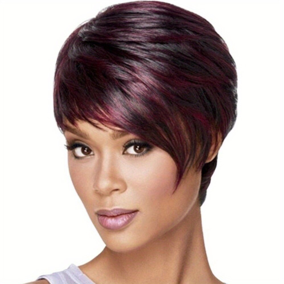 Burgundy Mixed Short Pixie Wigs For Women Natural Looking Synthetic Short Curly Wavy Wigs With Bangs Curly Layered Short Pixie Cut Wig For Daily Party