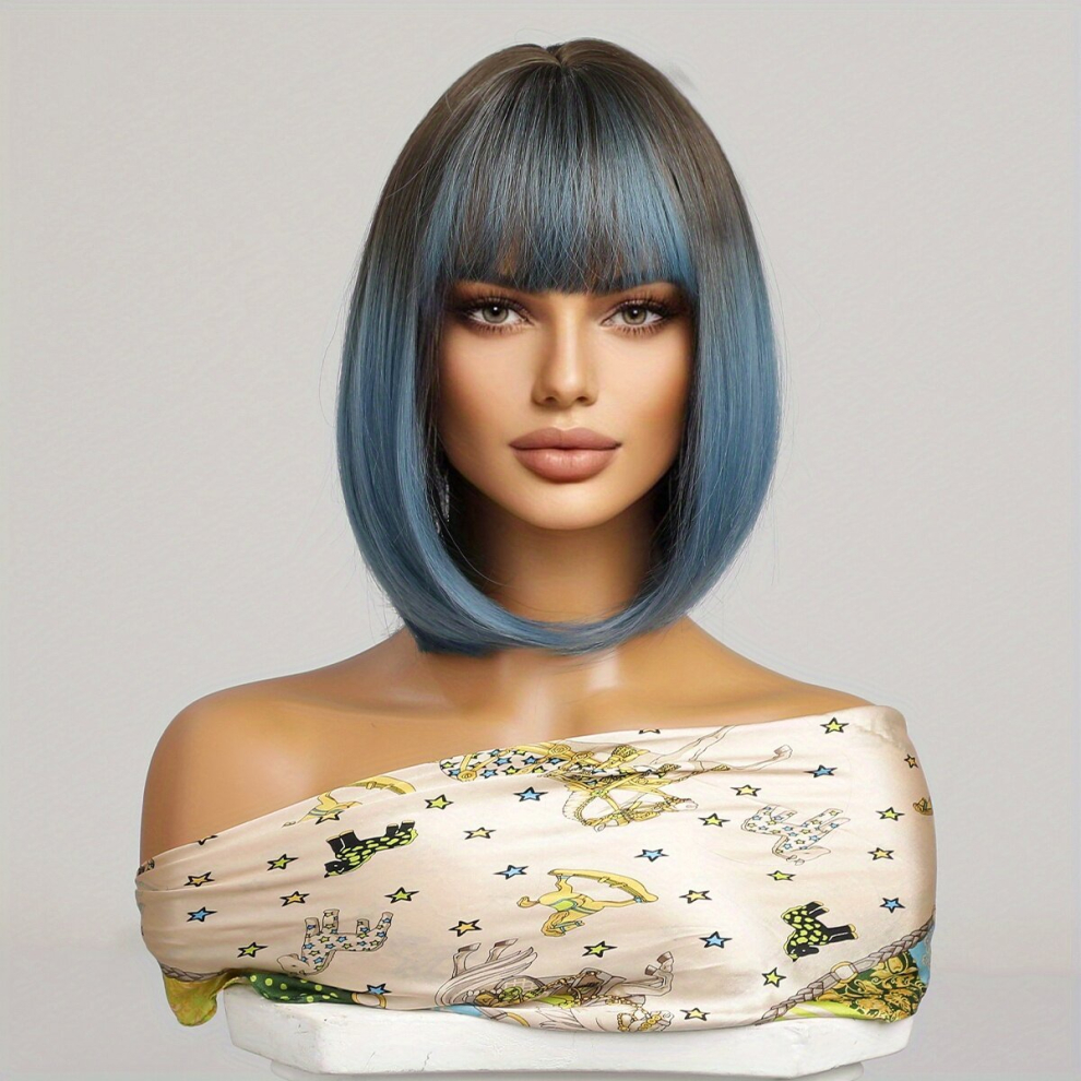 Unisex Multicoloured Gradient Short Straight Bob Hair Wigs With Bangs 30 48 Cm Synthetic Fiber Bob Wigs Party Cosplay Daily Wigs