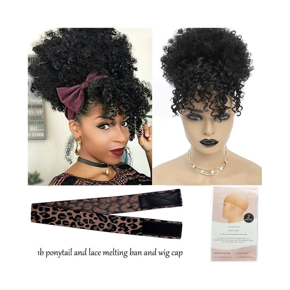 Afro Puff Drawstring Ponytail With Bangs Kinky Curly Hair Clip In Bangs Short Ponytail Hair Extensions For Women