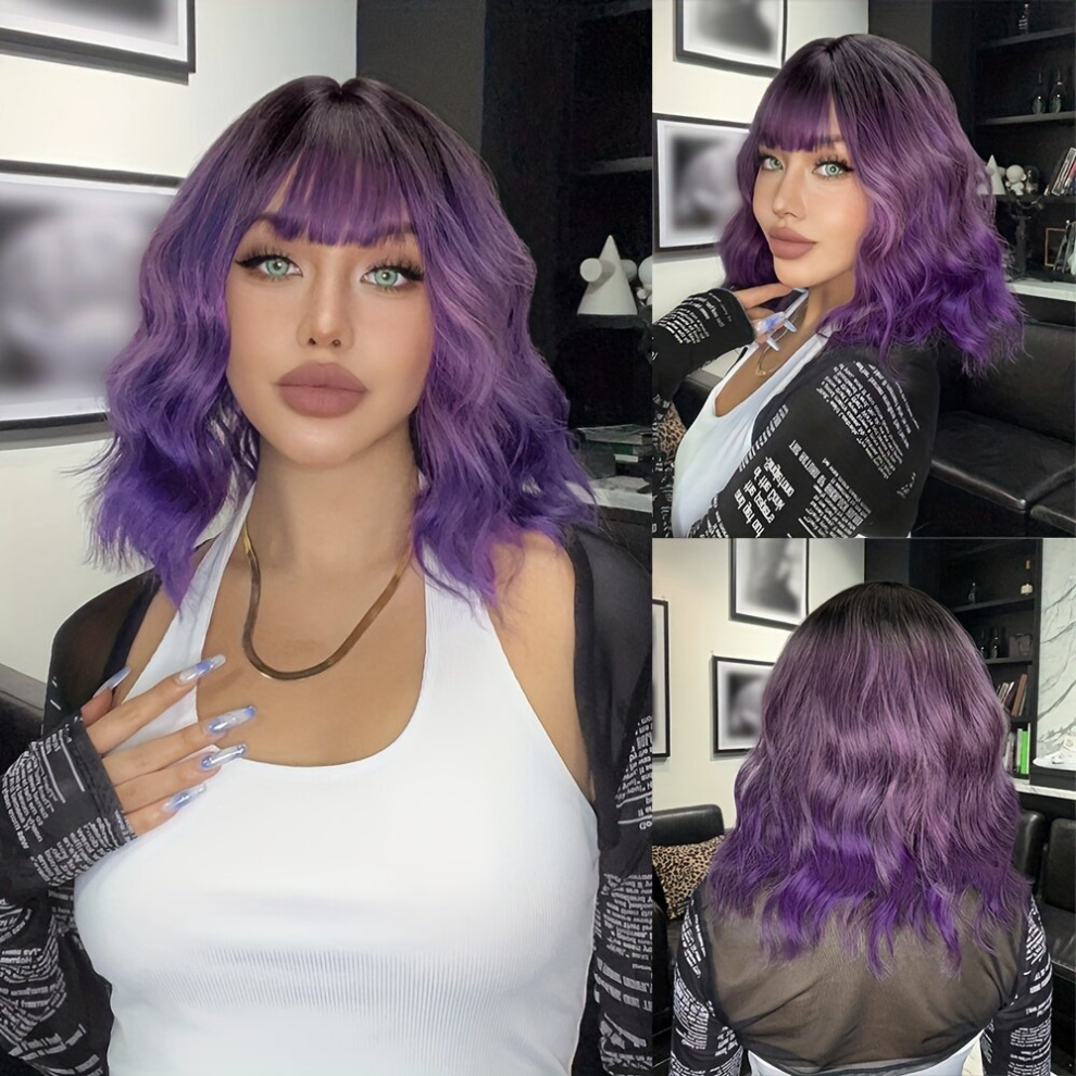 Unisex Blue,Purple Ombre Mist Purple Gradient Short Bob Body Wave Synthetic Wigs For Women With Bangs Cosplay Wig Heat Resistant Cosplay Halloween Party Lolita Natural D
