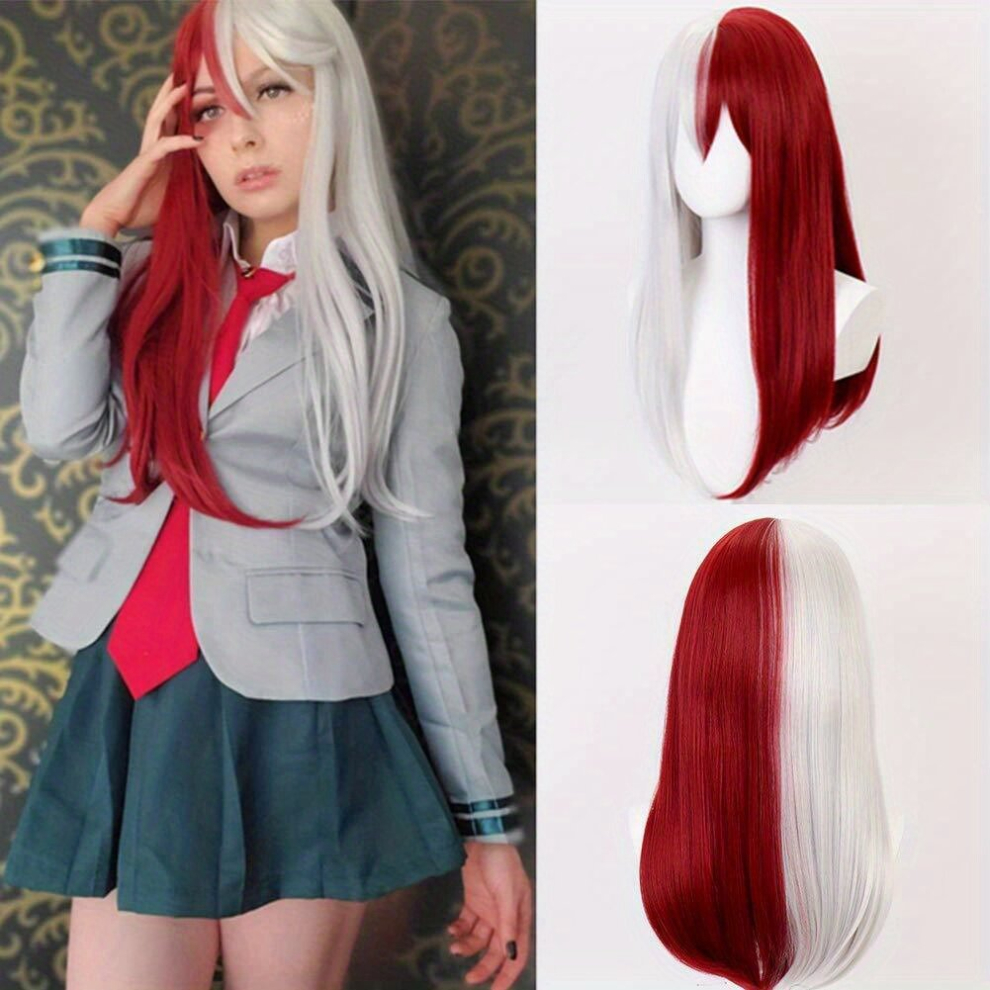 Half Half Red Long Straight Anime Cosplay Wig For Women 60 96 Cm Red Synthetic Halloween Hair Wig Two Tone Wig Gemini Hair