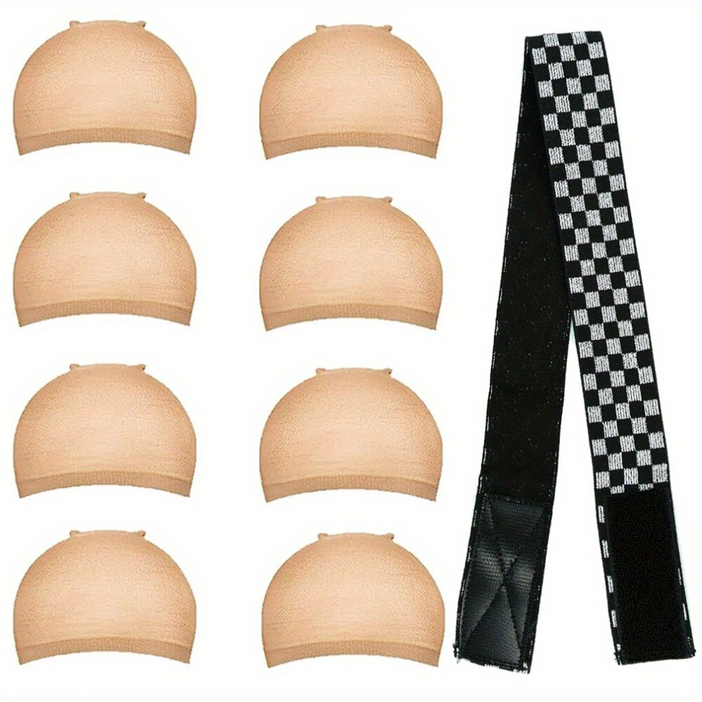 Unisex Multicoloured 8Pcs Stretchable Wig Cap Stretchy Nylon Wig Caps For Women Lace Front Wig Stocking Caps For Wigs Nude Wig Cap With 1Pcs Elastic Bands For Women Light
