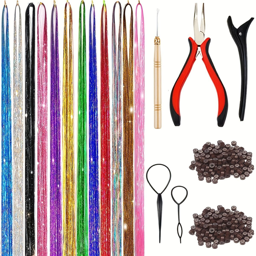 Fairy Hair Extensions Tinsel Kit With Tool 12 Colors Hair Tinsel Heat Resistant Synthetic Sparkling Hair Glitter For Christmas Year Party 121 92 Cm