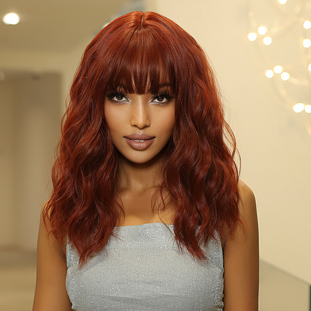 Unisex Red,Multicoloured Short Bob Wavy Wig With Bangs For Women Bob Wavy Ombre Wine Red Wig With Bang Shoulder Length Synthetic Wigs For Women Girls