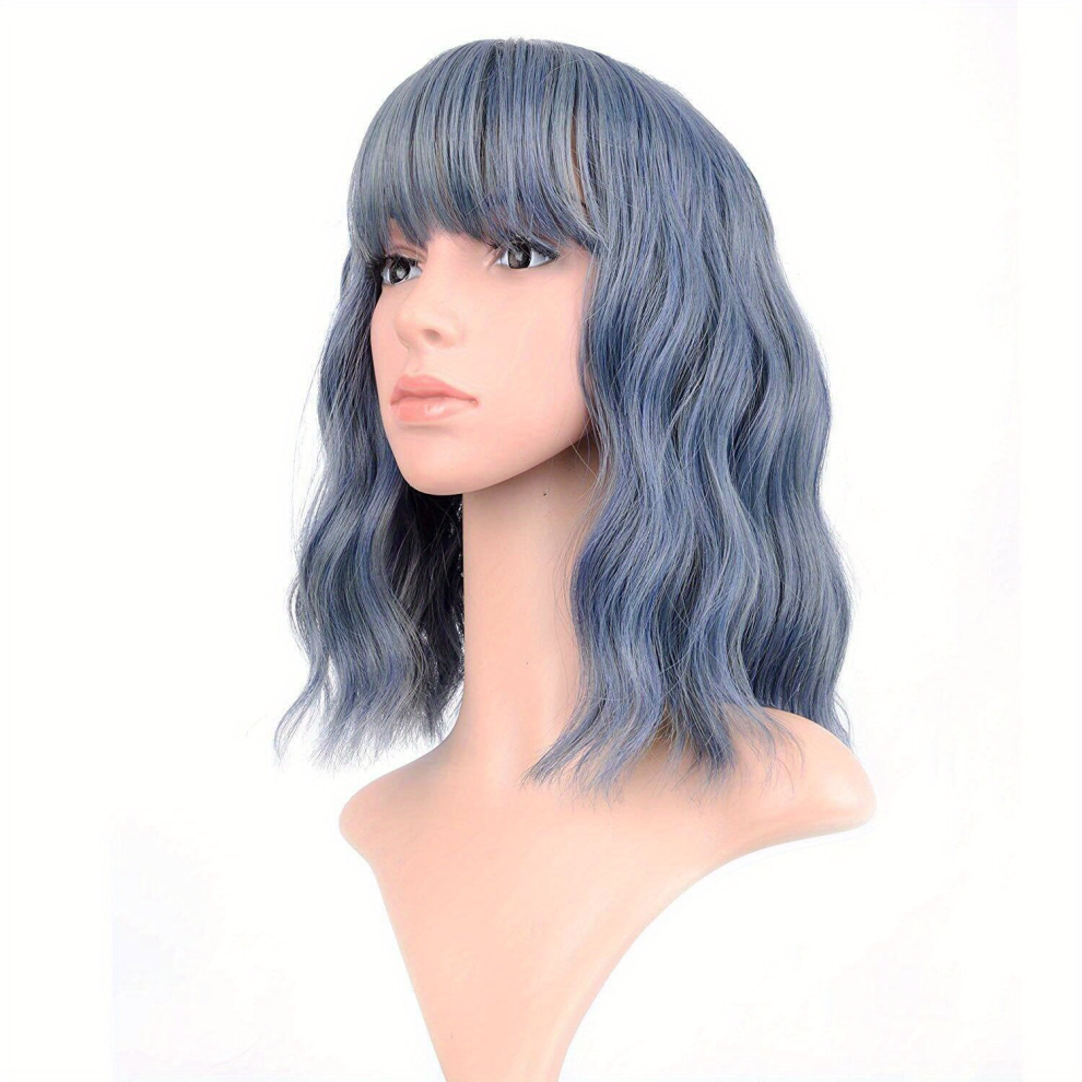 Unisex Multicoloured Water Wave Hair Wigs With Bangs 35 56 Cm Shoulder Length Short Wavy Hair Wigs Synthetic Fiber Hair Wigs For Halloween Party Cospaly Wear