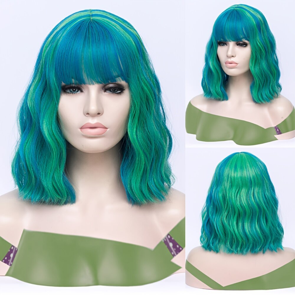 Unisex Green Costume Wigs Highlight Short Curly Wavy Bob Wig Synthetic Wig With Bangs Anime Cosplay Wig For Halloween Cosplay Party