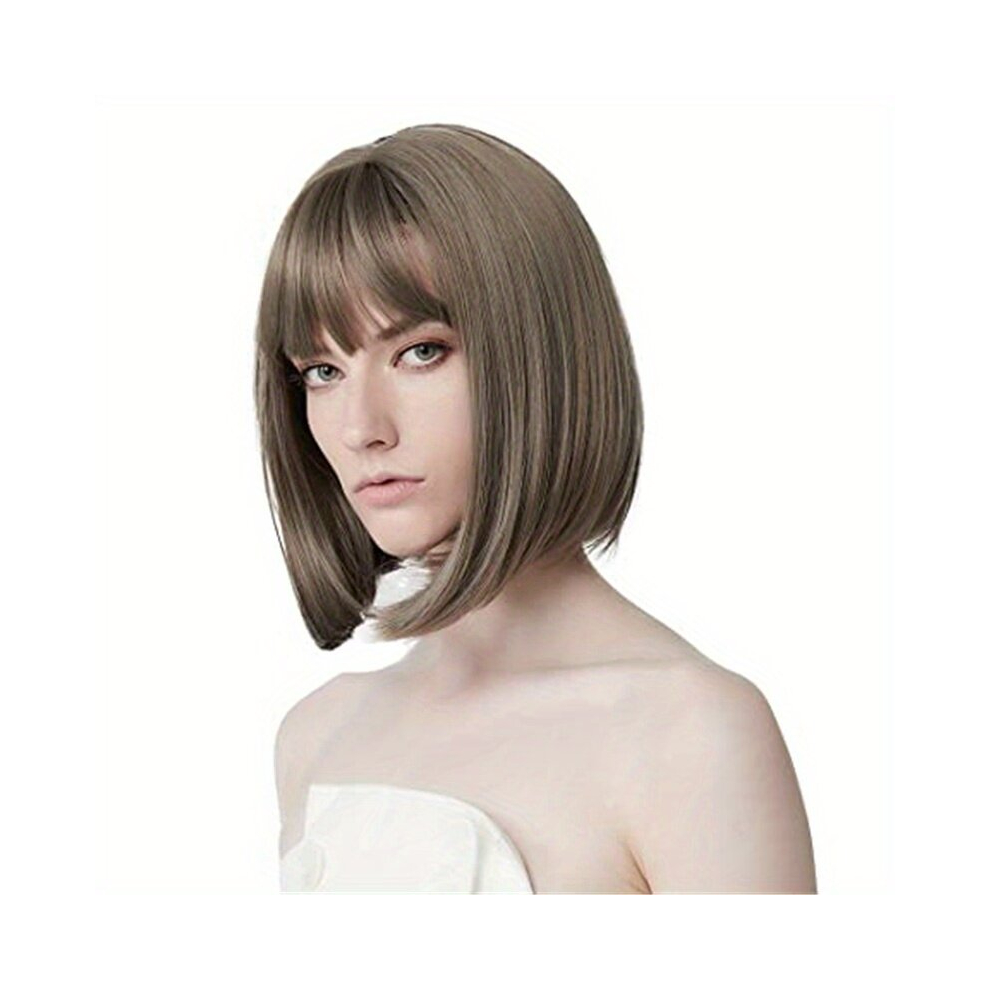 Unisex Red,Brown,Multicoloured Bob Wig With Bangs Short Bob Wigs With Bangs Synthetic Replacement Hair Wigs For Women 27 94 Cm Pack Of 1 Brown With Auburn Highlights