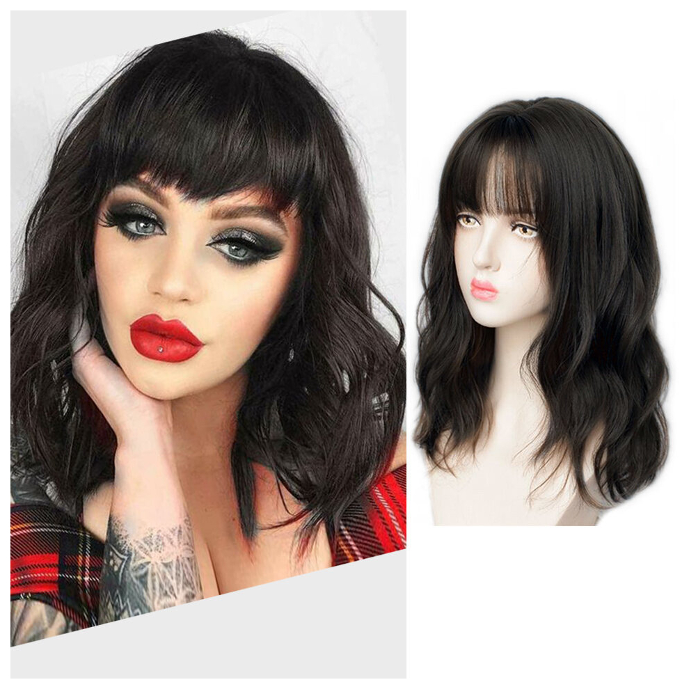 Shoulder Length Curly Wavy Hair Wigs Wit Bangs For Women Synthetic Fiber Natural Looking Hair Wigs