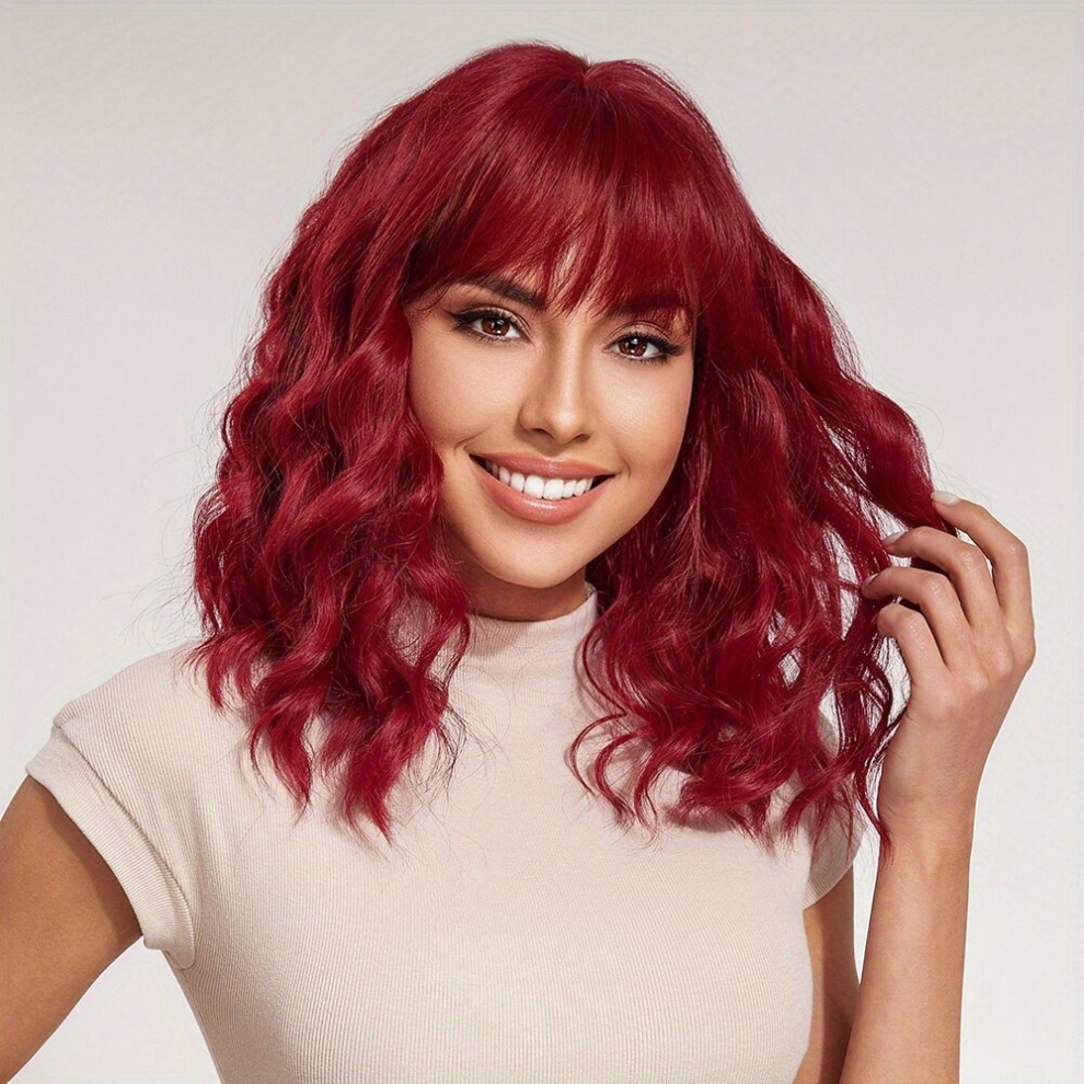 35 56 Cm Curly Wavy Hair Wigs With Bangs Shoulder Length Hair Wigs For Women Synthetic Fiber Hair Wigs For Cosplay Halloween Daily Wear