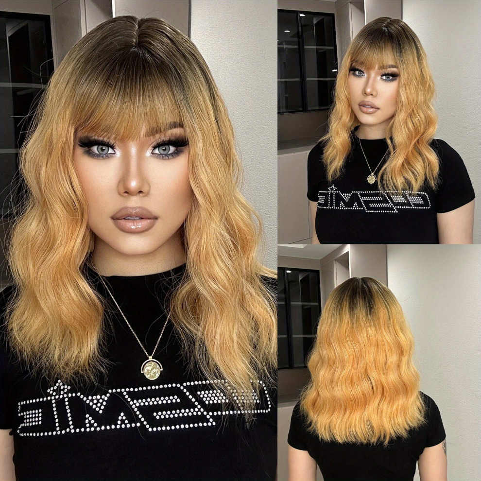 35 56 Cm Blonde Long Curly Wavy Wigs With Bangs Synthetic Roots Hair Wigs For Women For Daily Party Cosplay Use