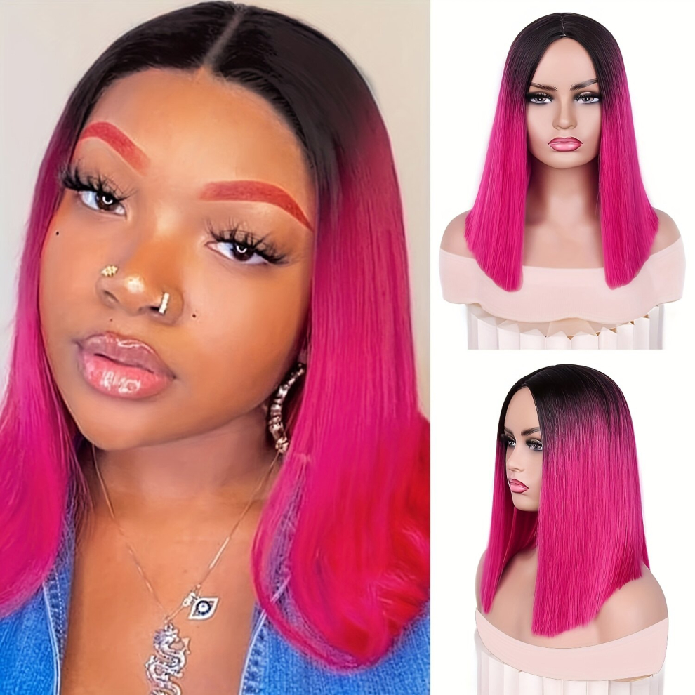 Unisex Pink,Multicoloured Ombre To Hot Pink Bob Wig Short Straight Hair Bob Wigs For Women Shoulder Length Straight Hair Christmas Decorations Middle Part Heat Resistant Wig To