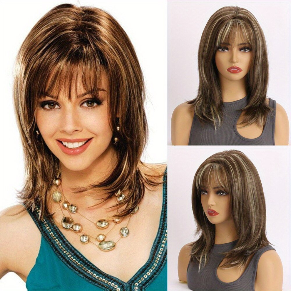Unisex Multicoloured Layered Highlight Straight Wig With Bangs Synthetic Wig Beginners Friendly Heat Resistant