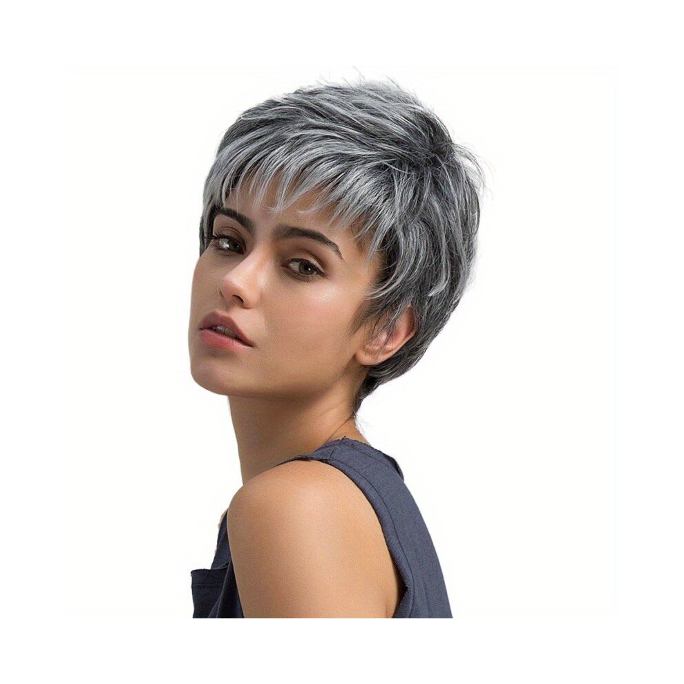Unisex Grey Pixie Cut Wigs For Women 15 Short Curly Wigs With Bangs Layered Synthetic Wig Natural Looking For Daily Use