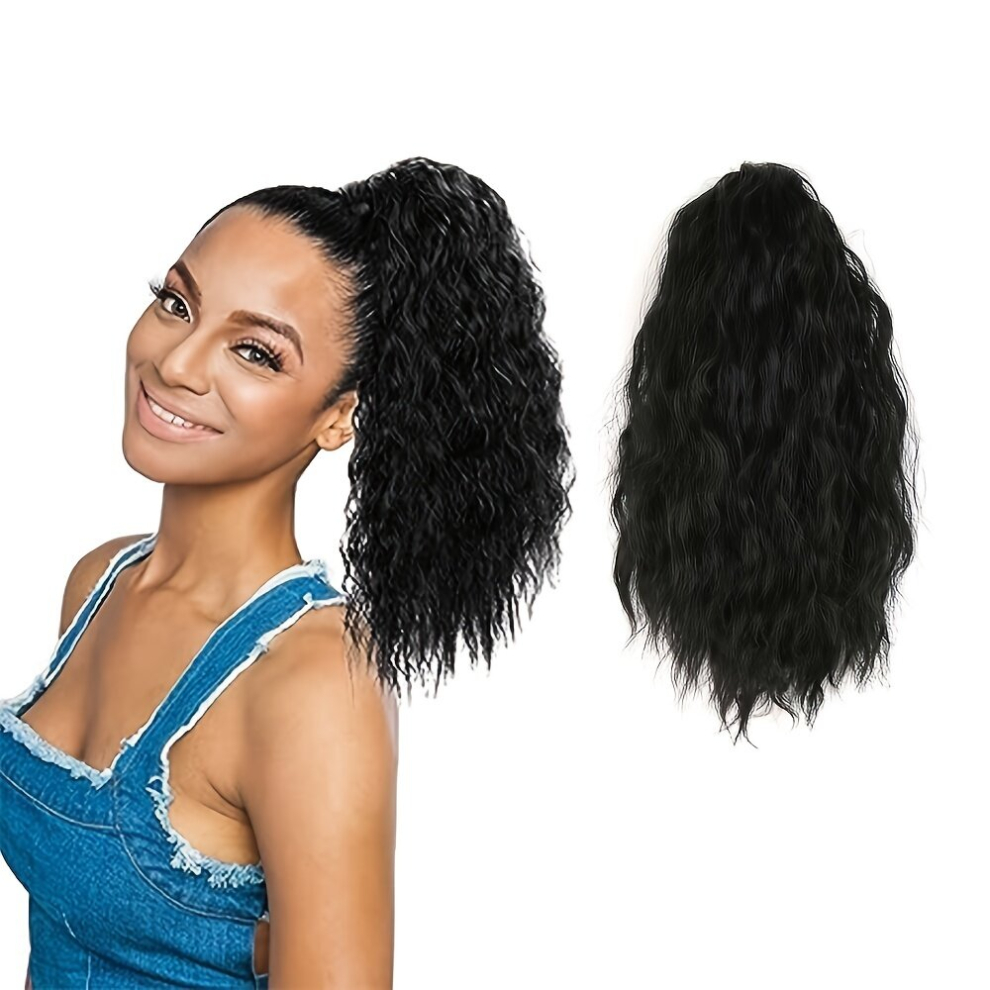 Unisex Black 25 4 Cm Curly Ponytail Extension Drawstring Ponytails Short Corn Wave Ponytail Hair Extensions Clip In Synthetic Hairpieces 1Pce