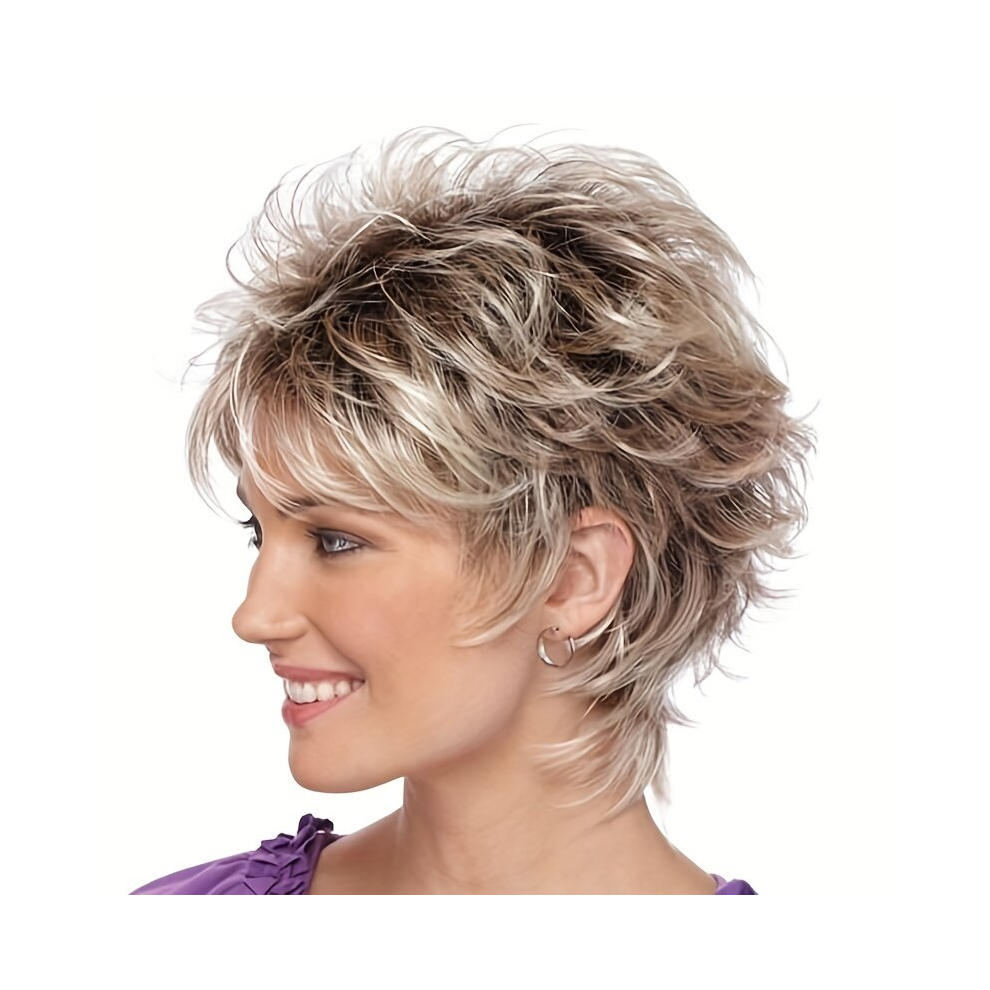 Unisex Multicoloured Ombre Short Curly Pixie Cut Wig Bob Cut Wig With Bangs Synthetic Wig Beginners Friendly Heat Resistant