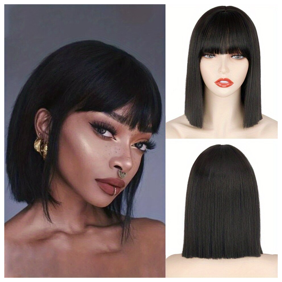 Short Straight Bob Synthetic Wig With Bangs For Women 30 Natural Looking For Daily Party