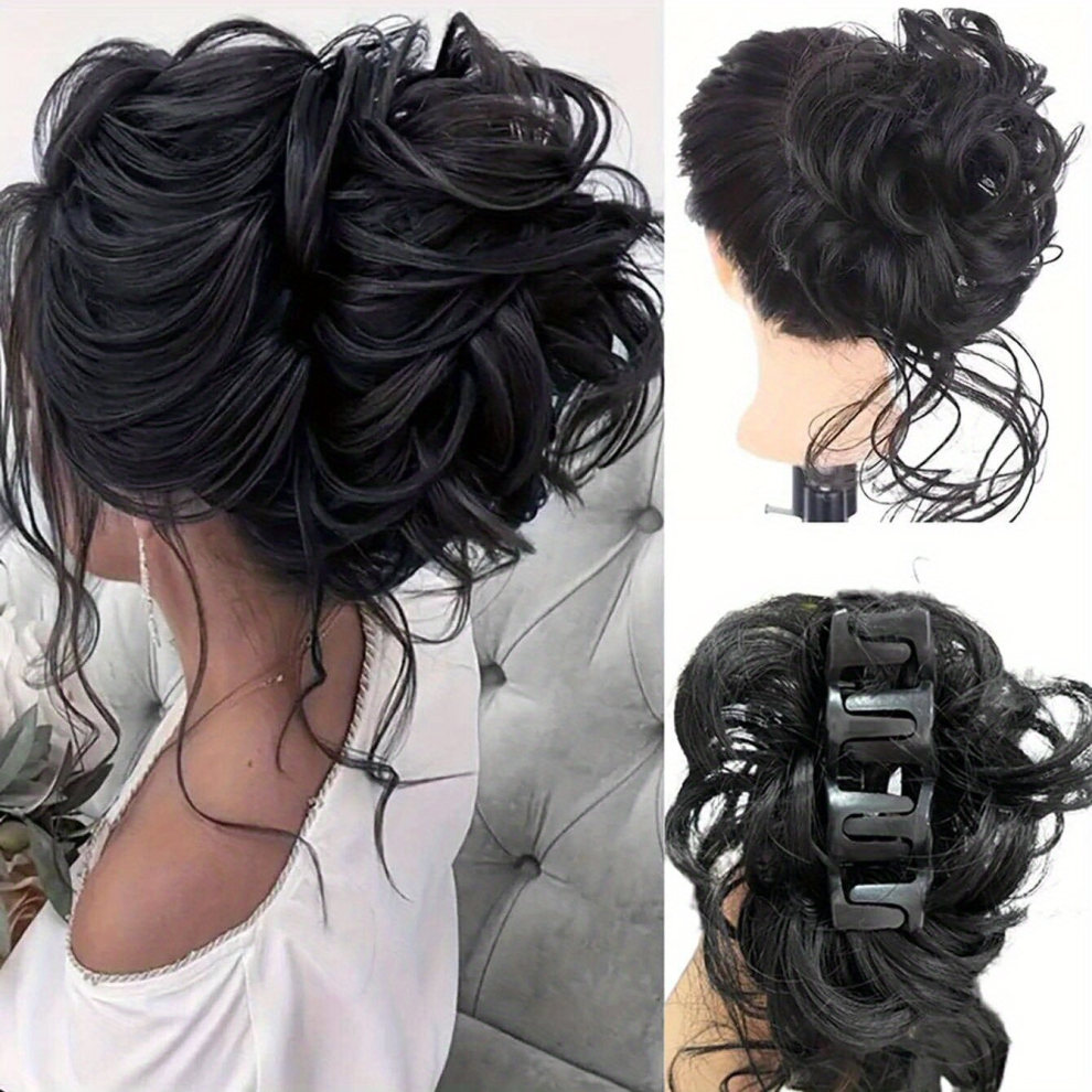 Unisex Black Messy Donut Hair Buns Updo Chignon Claw Ponytail Synthetic Clip In Hair Extensions