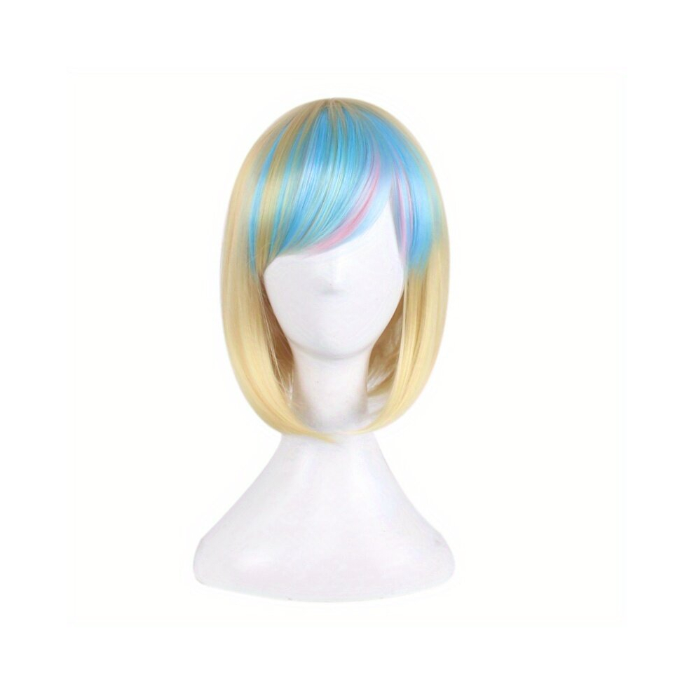 Unisex Multicoloured Costume Wigs Ombre Short Straight Bob Wig Synthetic Wig With Bangs Anime Cosplay Wig For Halloween Cosplay Party
