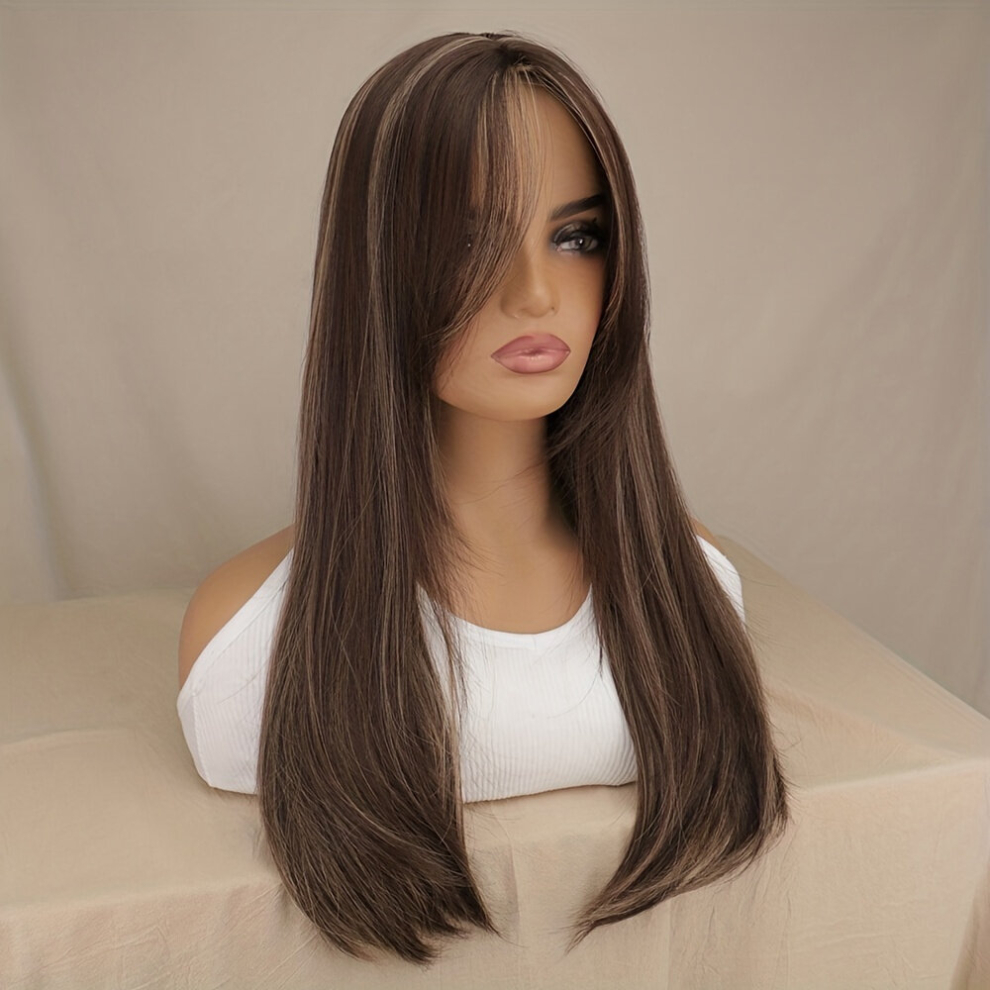 Long Straight Synthetic Wig With Bangs Golden Mix Brown Layered Wigs For Women Natural Looking Mixed Wig For Daily Party Use