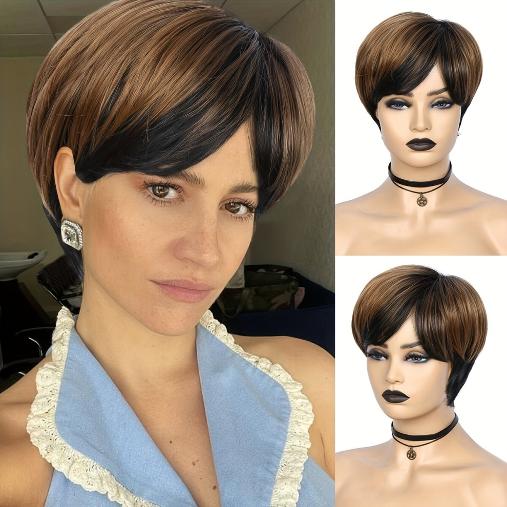 Unisex Brown,Multicoloured Pixie Cut Wigs For Women Pixie Cut Synthetic Hair Wigs Short Synthetic Hair With Brown Short Layered Wavy Wigs Pixie Cut Wig With Brown