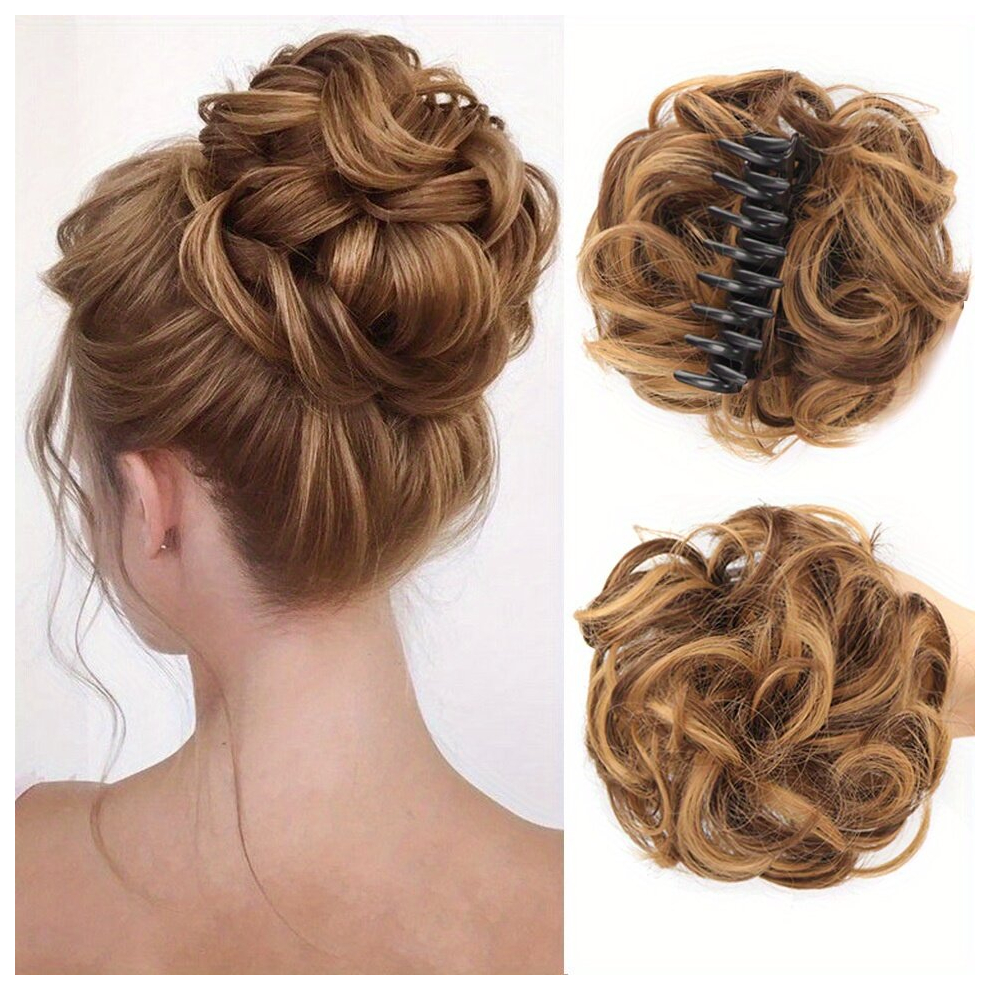 20 Curly Bun With Claw Synthetic Hair Band Wrapped Around A Messy Bun Ponytail