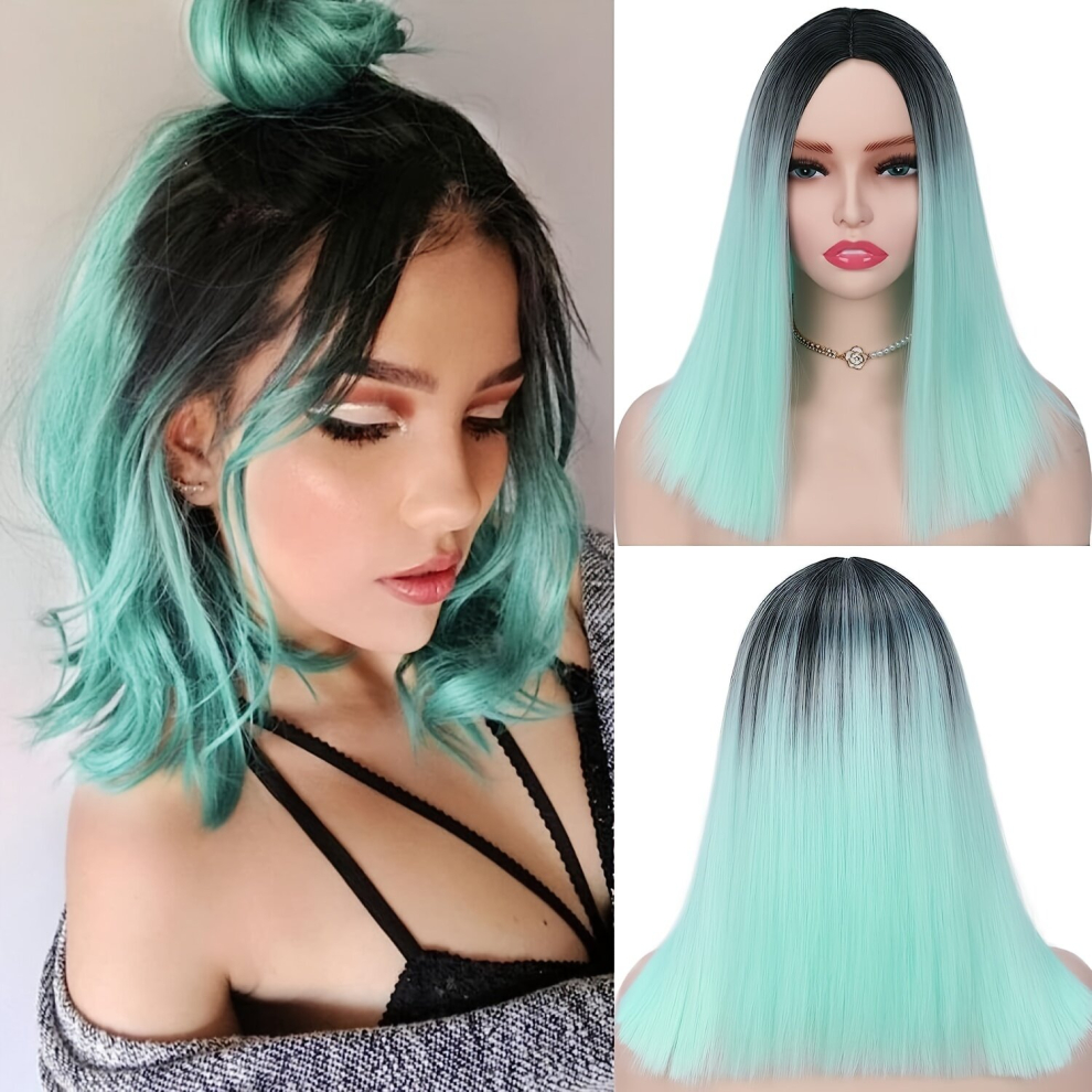 Unisex Green,Multicoloured Ombre Mint Green Shoulder Length Bob Wigs For Women Synthetic Wg Heat Resistant Teal Short Bob Wigs For Daily Or Cosplay Party Mint Green