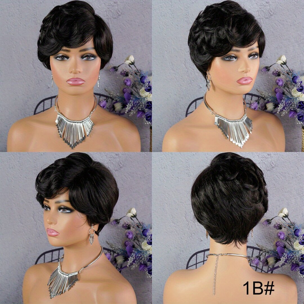 Ombre Pixie Cut Wig Glueless Machine Human Hair Short Big Wavy Wig for Women