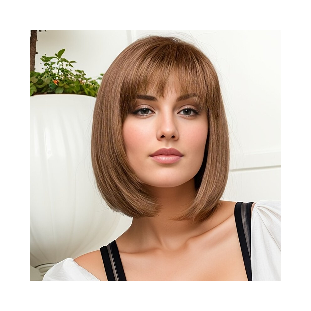 Unisex Multicoloured Synthetic Ombre Blonde Bob Wigs With Bangs Natural Straight Dark Roots Wigs Synthetic Soft Straight Bob Wigs For Daily Party Wear Costume Wig