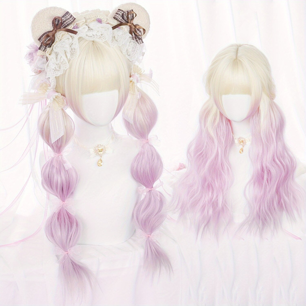Unisex Pink,Multicoloured Costume Wigs Ombre Golden Pink Wig Long Wavy Wig Synthetic Wig With Bangs Anime Cosplay Wig For Halloween Cosplay Party
