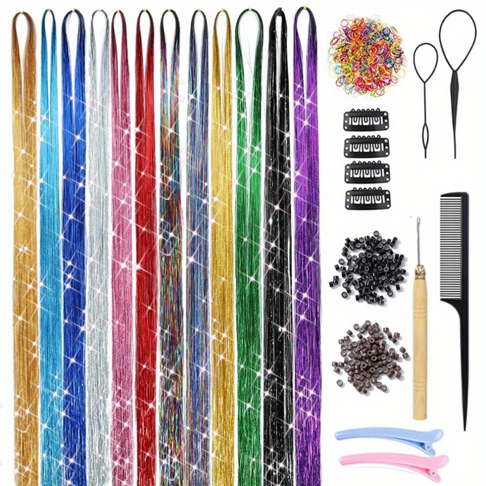 Unisex Multicoloured Hair Tinsel Kit With Tools 12 Colors 2400 Strands Hair Tinsel Heat Resistant Tinsel Hair Extensions Sparkling Glitter Fairy Hair For Women Girl Christ