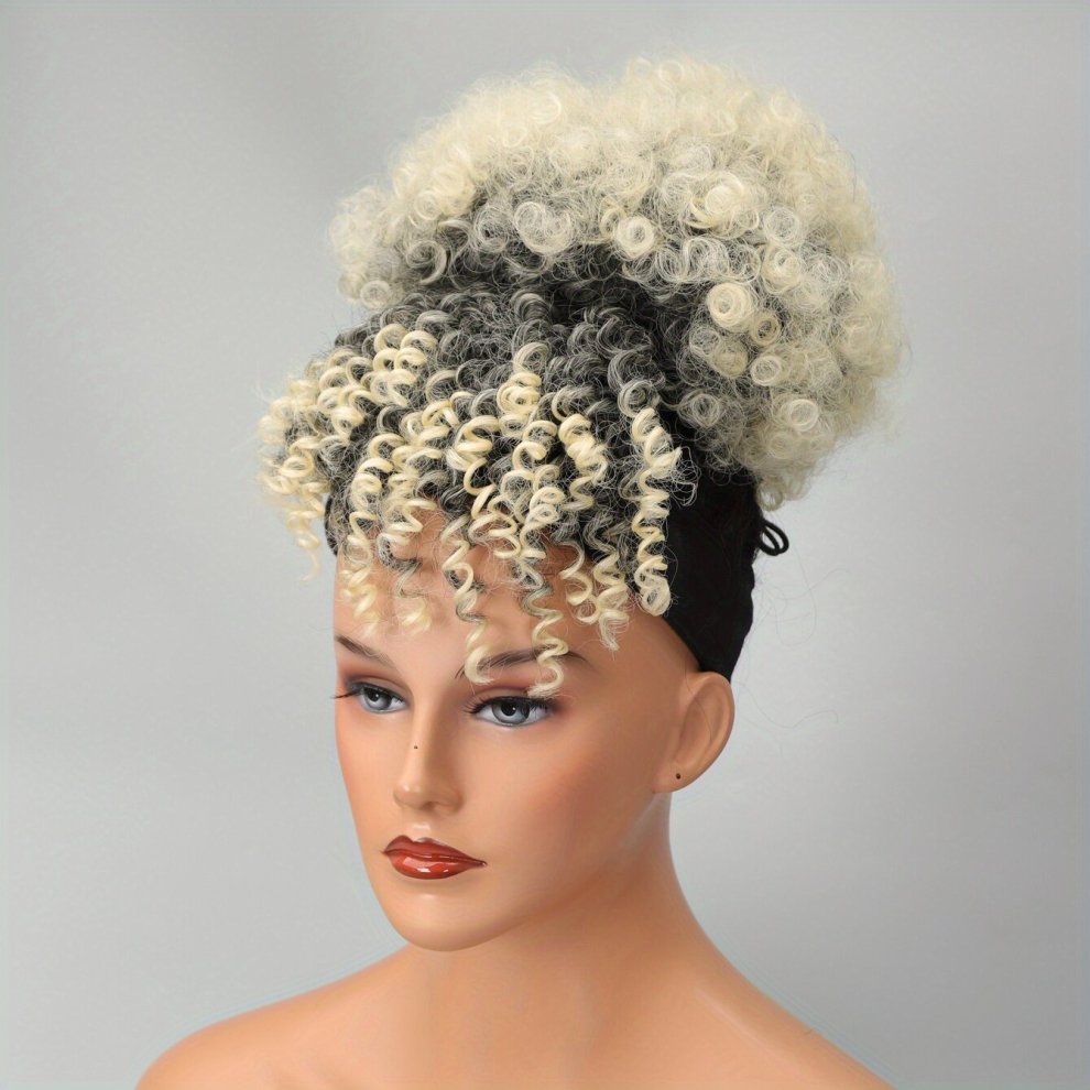 Afro Curly High Puff With Bangs Synthetic Hair Bun Clips In Hair Extensions Heat Resistant Fiber Hair Piece