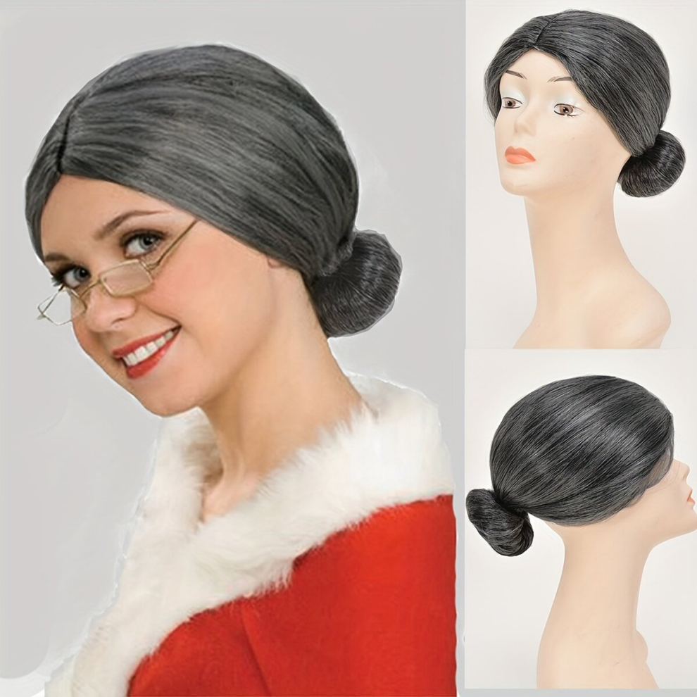 Unisex Grey,Multicoloured Grandma Costume Wigs Grey Straight Wig With Hair Bun Synthetic Wig Cosplay Wig For Halloween Cosplay Party