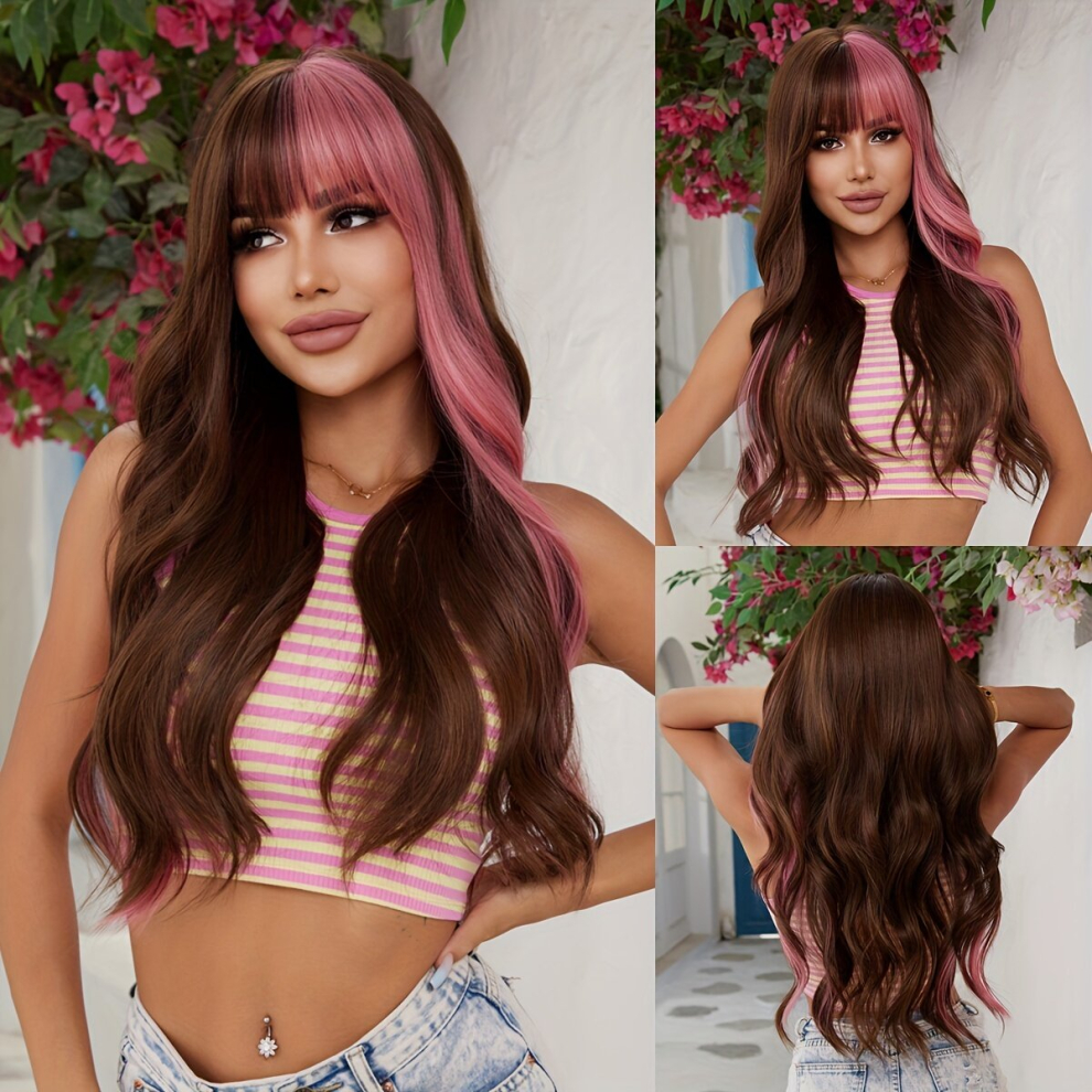 Unisex Multicoloured Highlight Two Tone Long Wavy Wig With Bangs Synthetic Wig Beginners Friendly Heat Resistant