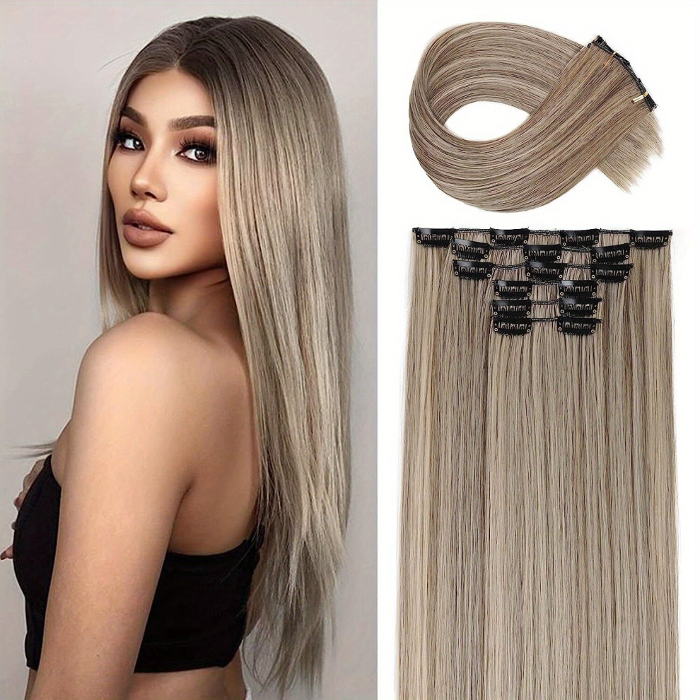 Unisex Multicoloured 6Pcs Clip In Long Straight Synthetic Hair Extension 60 96 Cm Thick Hairpieces Natural Soft Synthetic Fiber Double Weft Hair Extensions For Women