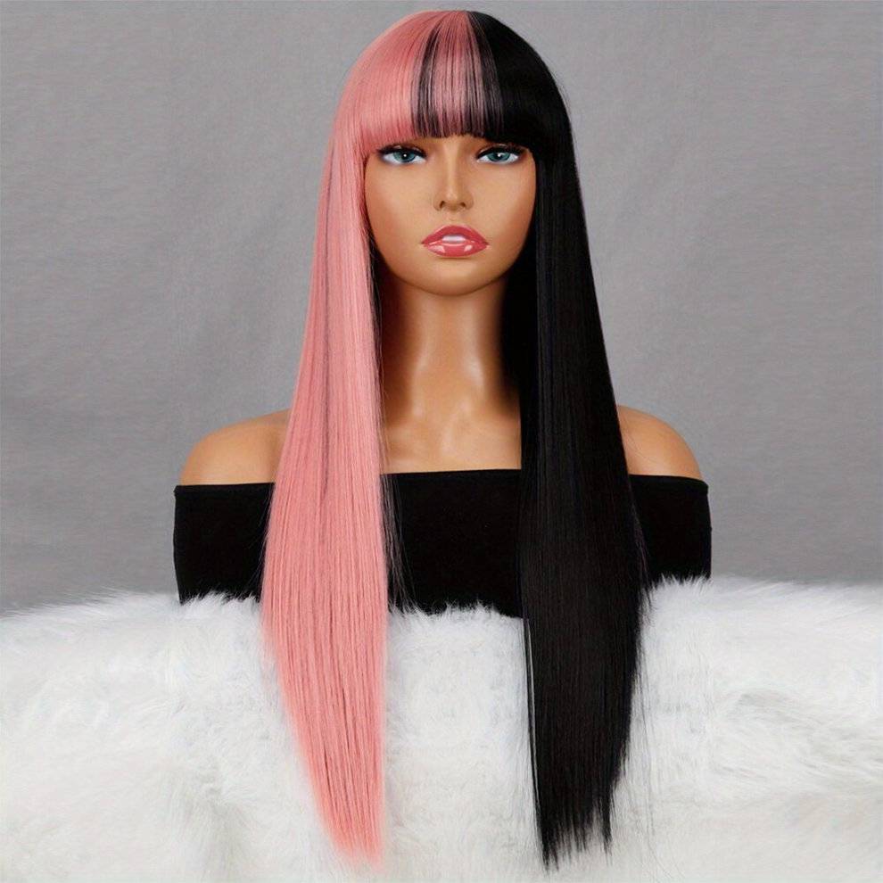 Unisex Pink Two Tone Long Straight Synthetic Wig With Bangs Beginners Friendly