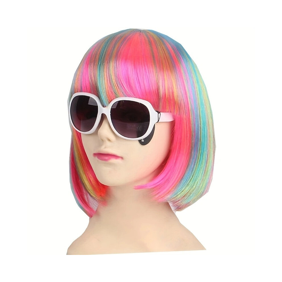 Unisex Multicoloured Costume Wigs Colorful Short Straight Bob Wig Synthetic Wig With Bangs Cosplay Wig For Halloween Cosplay Party
