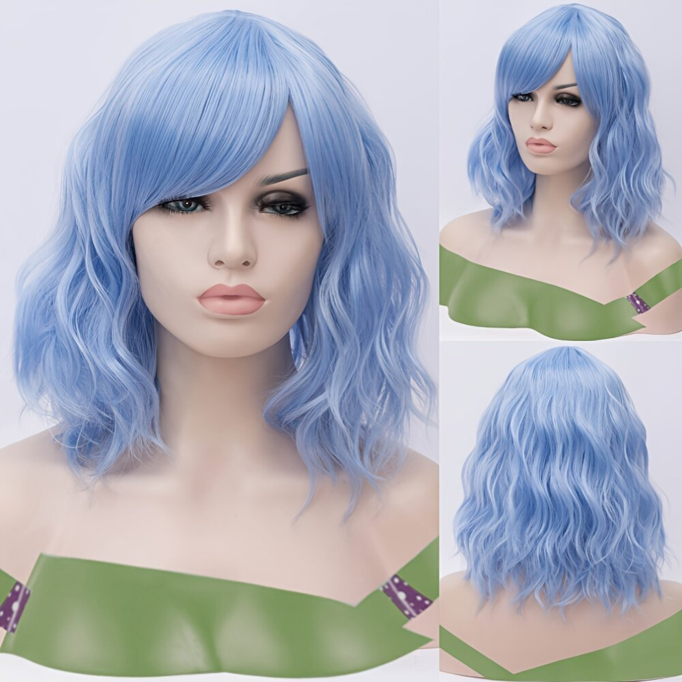 Unisex Multicoloured Wavy Synthetic Wig With Bangs Short Bob Pink Wigs Curly Wavy Shoulder Length Cosplay Wig Daily Colorful Wig