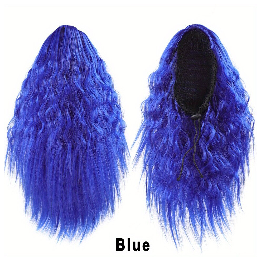 Unisex Blue Curly Ponytail Extensions Clip In Synthetic Drawstring Ponytail Wig Water Wave Afro Pony Tail Women Hairpiece False Hair