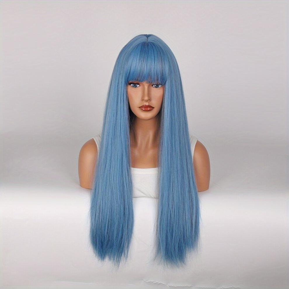 Unisex Blue,Red Long Straight Hair Wine Red With Bangs Synthetic Wig For Women