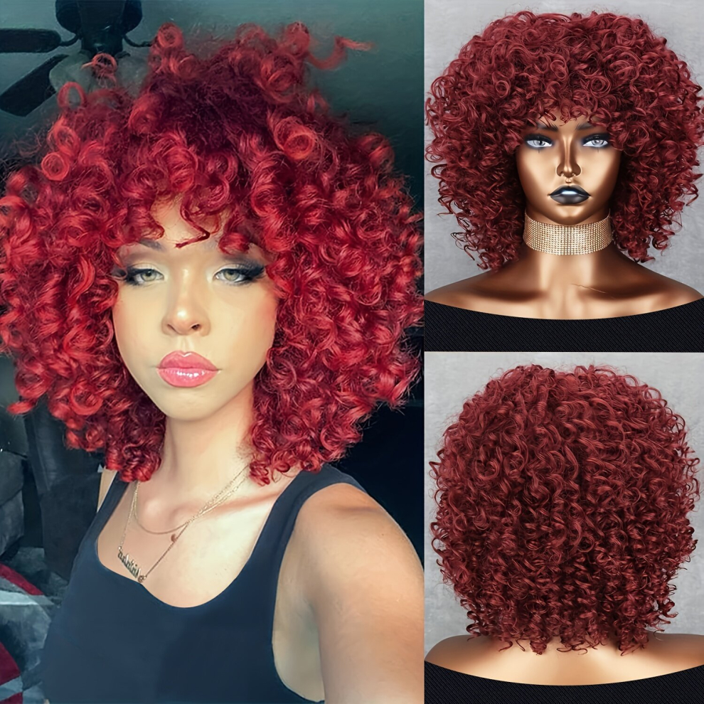 Unisex Red,Brown 25 4 Cm Short Afro Curly Wigs With Bangs Short Synthetic Wigs For Women Wine Red Glueless Hair Wigs For Cospaly Daily Party Use