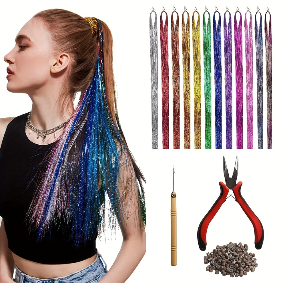 Unisex Multicoloured Y2k Tinsel Hair Extension With Tulle Glitter Hair Extensions Sparkly Tinsel Hair Colorful Fairy Hair Tinsel Strands For Christmas Year Halloween Cospl