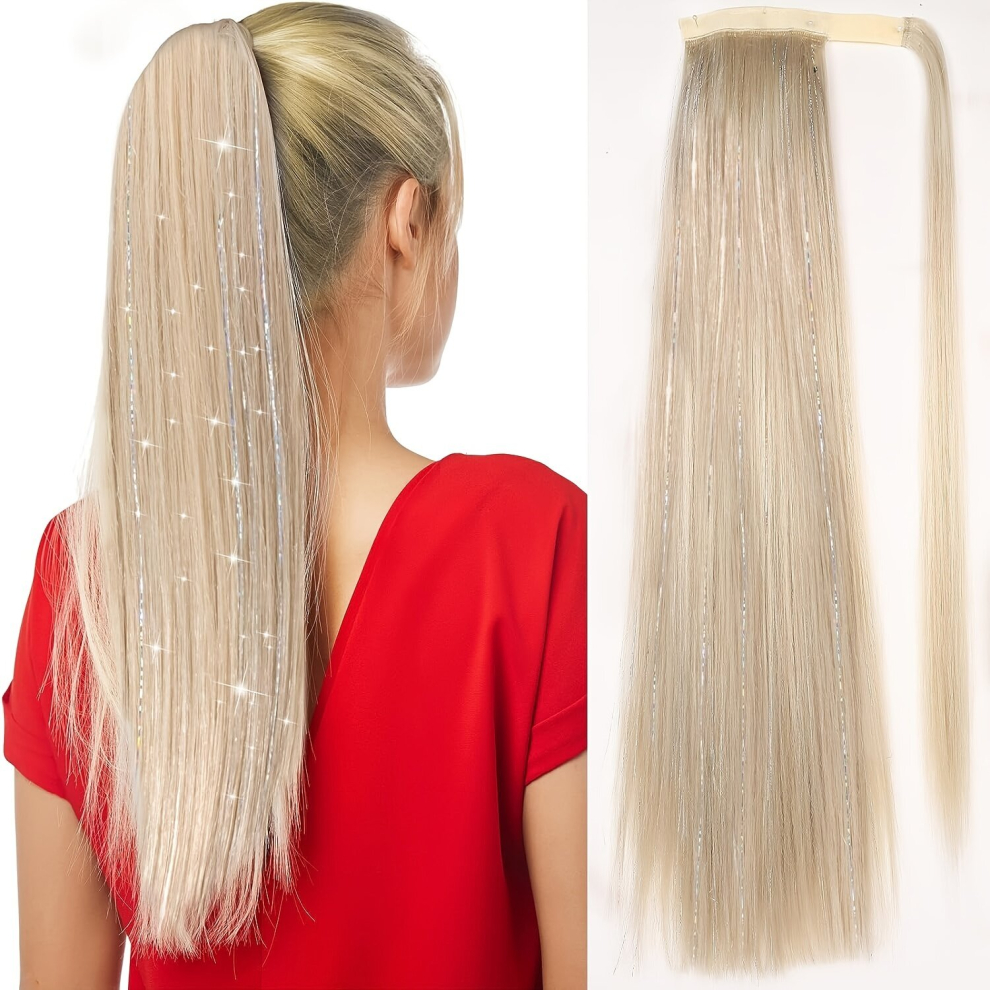 Blonde Ponytail Extension With Hair Tinsel For Woman Long Pony Tails Hair Extensions Wrap Around Hair Tinsel Heat Resistant Ponytail For Woman