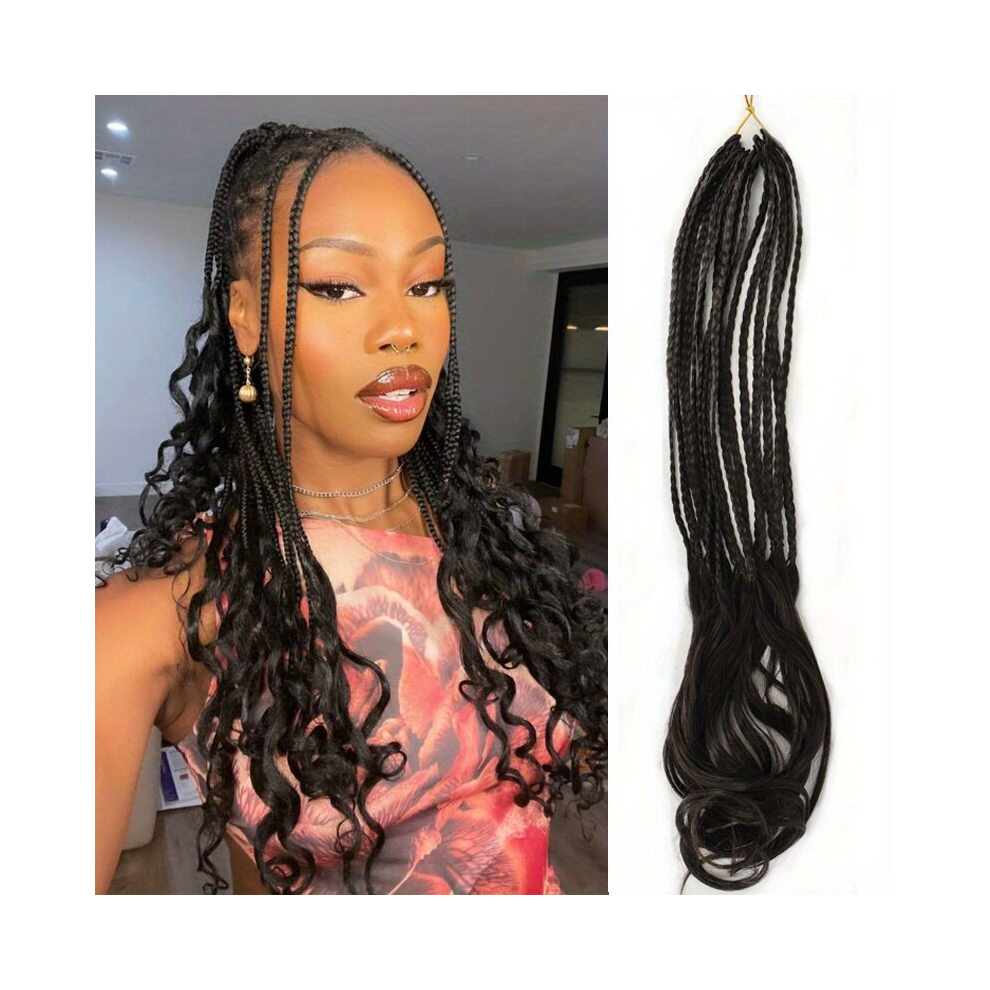 Unisex Black French Curly Braided Hair Crochet Hairpieces Box Braids With Curly Wavy Ends Synthetic Hair Extensions