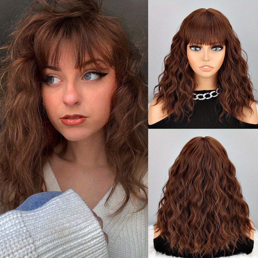 45 72 Cm Water Wave Hair Wigs With Bangs Synthetic Rose Net Hair Wigs For Women For Daily Party Halloween Cosplay Wear