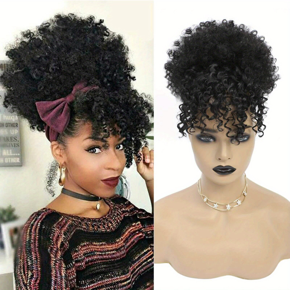 Unisex Multicoloured Afro Curly Puff Topper With Hair Bangs Synthetic Clip In Hair Extensions Natural Looking For Daily Use