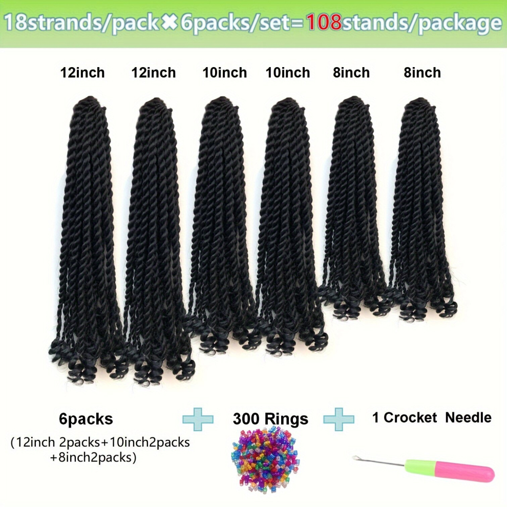 Unisex Multicoloured 6Packs Senegalese Twist Crochet With Curly Ends Hair Extension Pre Looped Synthetic Crochet Locs Braids Curls Ends 30 48 Cm Natural 1B