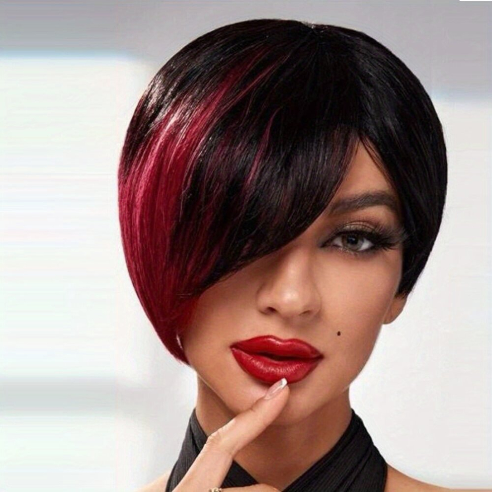 180 Density Human Hair Wig Pixie Cut Wig Short Layered Wavy Wigs With Bangs Ombre Red Burgundy Wigs For Women 15