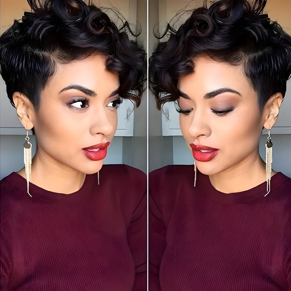 Unisex Black,Brown Short Layered Wig With Bangs Brown Mixed Wig Natural Short Wig Synthetic Short Curly Wigs For Women