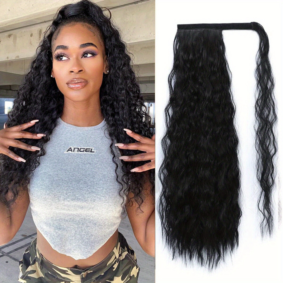 Unisex Black 50 8 Cm Long Corn Wavy Ponytail Extensions With Magic Paste Synthetic Hairpiece For Women Wrap Around Ponytail Hairpieces
